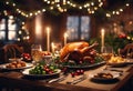 a table setting with christmas decorations and turkey and other holiday items Royalty Free Stock Photo