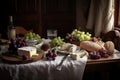 table setting, with crusty baguettes, brie cheese and grapes Royalty Free Stock Photo