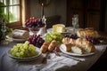 table setting, with crusty baguettes, brie cheese and grapes Royalty Free Stock Photo