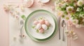 A table setting for Easter with pastel-colored eggs on a plate, flanked by cutlery and fresh spring flowers. Ideal for