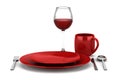 Table setting with glass of red wine isolated on white Royalty Free Stock Photo