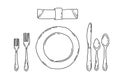 Table setting isolated on a white background. Serving in doodle style with plate, forks, spoons, knife and napkin Royalty Free Stock Photo