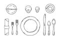 Table setting isolated on a white background. Serving in doodle style with plate, forks, spoons, knife and napkin. Table Royalty Free Stock Photo