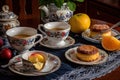 table setting with plate of mug cakes, fruit, and tea for a cozy breakfast