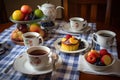 table setting with plate of mug cakes, fruit, and tea for a cozy breakfast