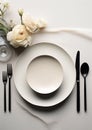 Table setting with plates, cutlery and flowers on gray background Generative AI