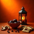 Ramadan iftar table setting with dates nuts and lantern Royalty Free Stock Photo