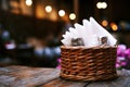 Napkins, pepper and salt in a wicker basket on a wooden table in a cafe. table setting in the restaurant on the open terrace Royalty Free Stock Photo