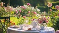 Table setting with rose flowers and candles for an event party or wedding reception in summer garden. Royalty Free Stock Photo