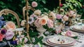 Table setting with rose flowers and candles for an event party or wedding reception in summer garden. Royalty Free Stock Photo