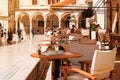 Summer in Croatia, Dubrovnik. Table setting on summer terrace of cozy restaurant. Patio in city in sunny summer.