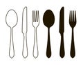 Table setting, tableware. Cutlery, set of fork, spoon and knife. Silhouette vector illustration Royalty Free Stock Photo