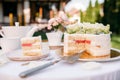 Table setting, tea party, closeup view on cake Royalty Free Stock Photo