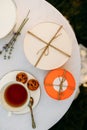 Table setting, tea party with sweets, top view Royalty Free Stock Photo