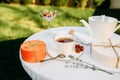 Table setting, tea party with sweets, top view Royalty Free Stock Photo
