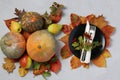 Table setting on Thanksgiving Day decorated pumpkin, viburnum, pears and colorful leaves on grey. Top view