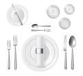 Table setting top view. Realistic 3d silver cutlery and white plates, restaurant banquet service, silverware positions