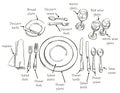 Table setting, top view. Vector illustrations such as plates, forks, spoons, knives, wine glasses with original custom Royalty Free Stock Photo