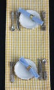 Table setting - two plates and silverware on checkered tablecloth flat lay Royalty Free Stock Photo