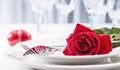 Table setting for valentines or wedding day with red roses. Romantic table setting for two with roses plates cups and cutlery Royalty Free Stock Photo