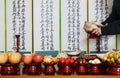 Table setting with various fruits and foods for Korean traditional Holiday