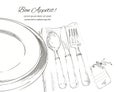 Vector cutlery set: forks, knive, spoons, empty plate Royalty Free Stock Photo