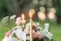 Table setting. Wedding decor in the magic forest for a loving couple. Pink and green colors. Raspberry dessert. Royalty Free Stock Photo