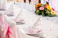 Wedding table decoration with colorfull bouquet in backgroun Royalty Free Stock Photo