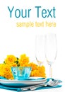 Table setting with yellow roses, ready template Royalty Free Stock Photo
