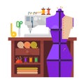 Table and sewing mannequin, sewing machine, f0abric and needles Royalty Free Stock Photo