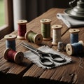 Table with sewing materials, including colorful thread spools, Royalty Free Stock Photo