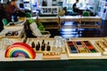 Table and shelving with montessori materÃÂ­al, colorful rainbow bow in the classroom