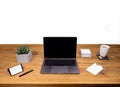 Table shot desk view with pencil a plant, coffee, workspace, business, laptop and notes