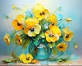 The table showcases the yellow pansy flowers.