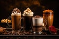 A table showcasing a variety of different types of drinks, Various coffee and chocolate drinks on a brown background, AI Generated
