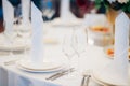 table with sign for number or names of guests in banquet hall of restaurant. Royalty Free Stock Photo