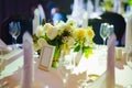 table with sign for number or names of guests in banquet hall of restaurant. Royalty Free Stock Photo