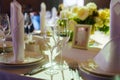 table with sign for number or names of guests in banquet hall of restaurant. Royalty Free Stock Photo