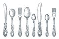 Table silver vintage cutlery. Vector hand drawn sketch illustration. Silverware spoon, knife, fork. Kitchen tableware