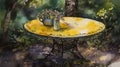 A table is sitting outdoors under trees, in the style of symbolist watercolors, made of wrought iron. Generative AI