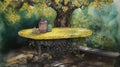 A table is sitting outdoors under trees, in the style of symbolist watercolors, made of wrought iron. Generative AI