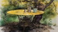 A table is sitting outdoors under trees, in the style of symbolist watercolors, made of wrought iron. Generative AI