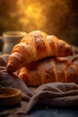 background sweet cup croissant bokeh bakery drink breakfast morning table food background. Generative AI.