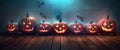 night pumpkin mystery evil blue funny halloween fear background horror table. Generative AI. Royalty Free Stock Photo