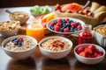 a table spread of gut-friendly breakfast items like oats and fruits