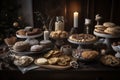 table spread with holiday cookies and pastries, ready for gifting