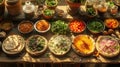 A table spread with ingredients for making Indian food, including spices, vegetables, and flatbreads Royalty Free Stock Photo