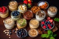 table spread of oats filled jars and toppings