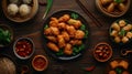 A table spread with various Chinese food dishes, including fried chicken and dumplings Royalty Free Stock Photo
