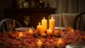 the table is strewn with scarlet rose petals and candles are burning, a romantic atmosphere generative ai